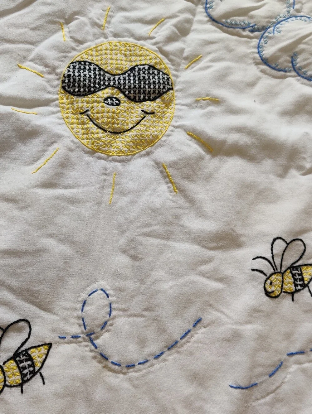 Cross Stitch Busy Bee Baby Blanket Embroidered Honey Bear Green Vintage Handmade